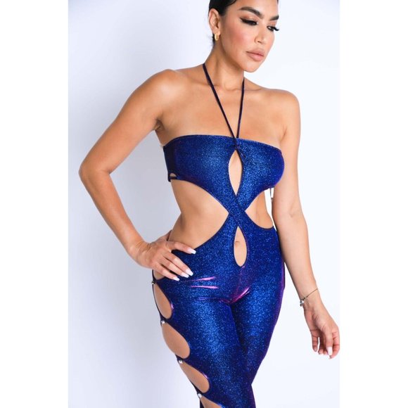 Women's Sleeveless Glittery Cutout Halter Neck Keyhole Sexy Party Jumpsuit - Picture 2 of 10